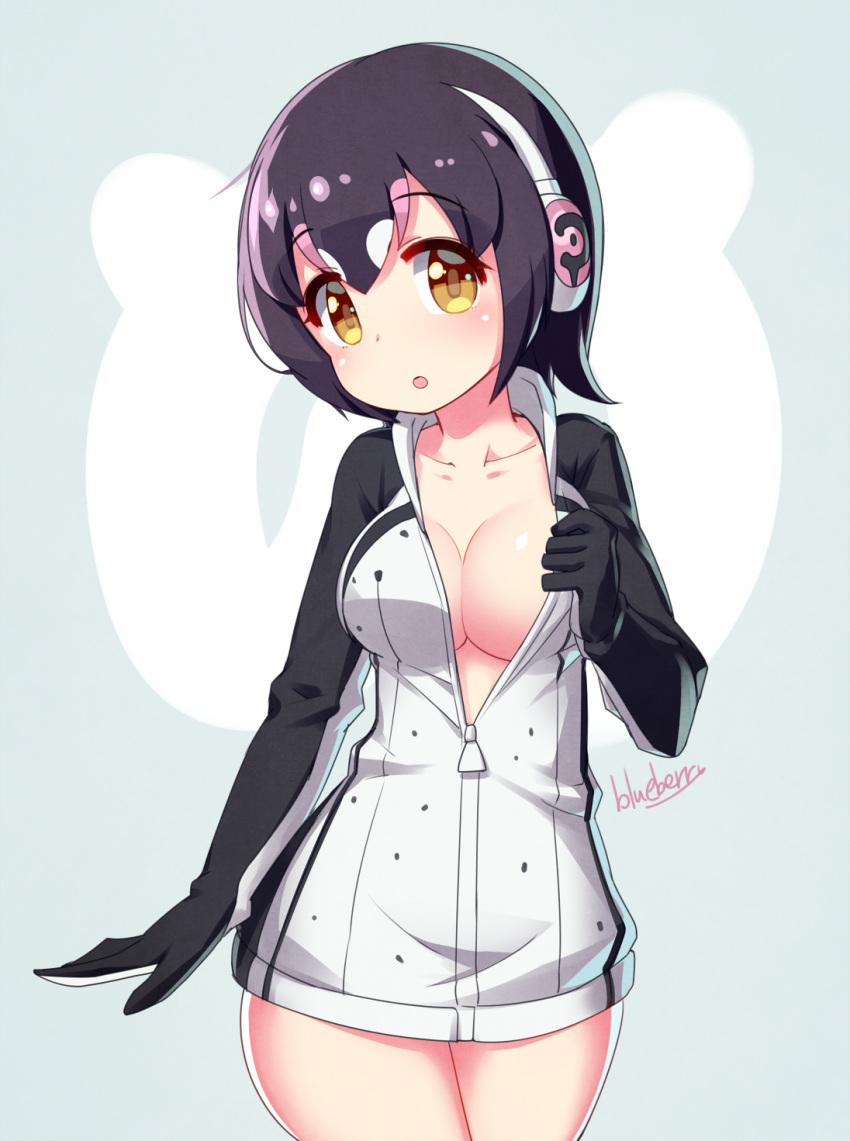 1girl artist_name black_hair blueberry_(5959) blush breasts chestnut_mouth collar commentary_request eyebrows_visible_through_hair hair_between_eyes headphones highres hood hoodie humboldt_penguin_(kemono_friends) jacket kemono_friends long_sleeves looking_at_viewer medium_breasts multicolored_hair naked_hoodie no_bra no_panties open_clothes open_mouth short_hair solo two-tone_hair yellow_eyes zipper