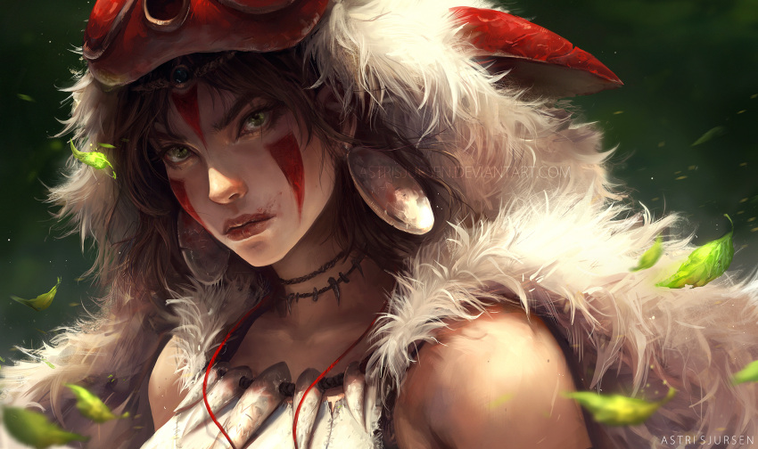 1girl artist_name astri_lohne_sjursen bangs blood blood_on_face blurry brown_hair closed_mouth commentary depth_of_field earrings facepaint fur green_eyes head_tilt highres jewelry leaf looking_away mask mask_on_head mononoke_hime necklace parted_bangs realistic san solo tooth_necklace upper_body watermark web_address