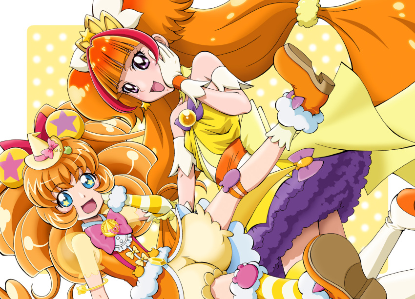 2girls :d amanogawa_kirara animal_ears bear_ears bloomers blue_eyes blush boo_(takagi) boots bow brooch brown_hair color_connection cure_mofurun cure_twinkle earrings gloves go!_princess_precure hair_bow hand_on_own_cheek hat hat_bow highres jewelry kneehighs long_hair looking_at_viewer low-tied_long_hair magical_girl mahou_girls_precure! mini_hat mini_witch_hat mofurun_(mahou_girls_precure!) multicolored multicolored_eyes multicolored_hair multiple_girls open_mouth orange_shirt personification pink_bow polka_dot polka_dot_background precure quad_tails red_bow redhead shirt single_kneehigh skirt sleeveless sleeveless_shirt smile star star_earrings streaked_hair striped striped_legwear thigh-highs thigh_boots twintails two-tone_hair underwear violet_eyes white_boots white_gloves witch_hat yellow_background yellow_bow yellow_eyes yellow_hat