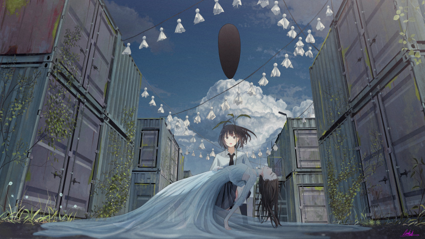 2girls absurdres banishment black_eyes black_hair black_necktie blue_dress blue_sky brown_hair carrying clouds collared_shirt container day dress fainted highres holding kneehighs kneeling long_hair multiple_girls necktie original outdoors pleated_skirt scenery shipping_container shirt short_hair short_sleeves signature skirt sky socks unconscious uniform white_shirt