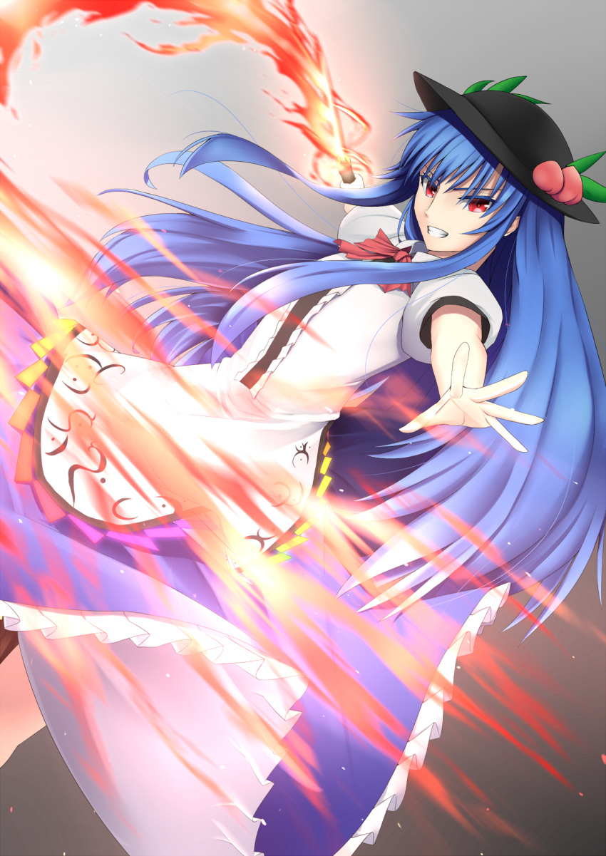 &gt;:) 1girl bangs black_hat blue_hair bow bowtie dutch_angle fire food foreshortening frilled_skirt frills fruit gnlo grin hat highres hinanawi_tenshi holding holding_sword holding_weapon leaf long_hair long_skirt looking_at_viewer peach puffy_short_sleeves puffy_sleeves rainbow_order red_bow red_bowtie red_eyes shirt short_sleeves sidelocks skirt smile solo sword sword_of_hisou touhou very_long_hair weapon white_shirt