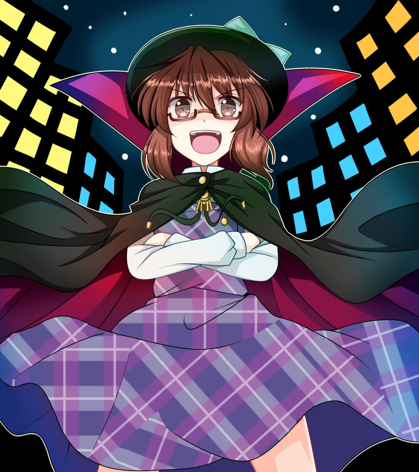 &gt;:d 1girl :d absurdres bow brown_eyes brown_hair cape city crossed_arms dress from_below glasses hat hat_bow hat_ribbon high_collar highres looking_at_viewer open_mouth ougi_(ihayasaka) plaid plaid_dress ribbon semi-rimless_glasses short_hair smile solo teeth touhou usami_sumireko