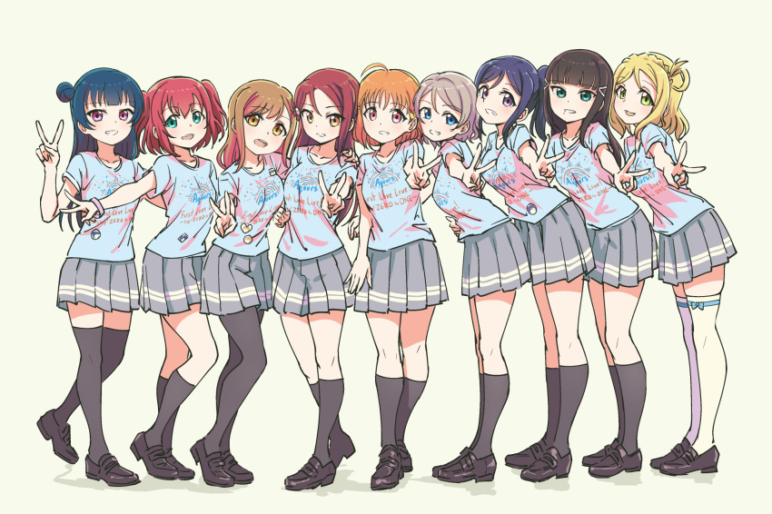 6+girls :d ahoge aida_rikako aqua_eyes arm_around_shoulder arm_around_waist bangs beige_background black_hair black_legwear black_shoes blonde_hair blue_eyes blue_hair blunt_bangs bow bracelet braid brown_eyes brown_hair clenched_hand clothes_writing commentary crown_braid full_body furihata_ai green_eyes grey_hair grin group_picture hair_bow hair_ornament hair_rings hairclip highres inami_anju jewelry kneehighs kobayashi_aika komiya_arisa kunikida_hanamaru kurosawa_dia kurosawa_ruby lineup loafers long_hair looking_at_viewer love_live! love_live!_sunshine!! matsuura_kanan mole mole_under_mouth multiple_girls ohara_mari open_mouth orange_hair pantyhose pas_(paxiti) photo_reference pleated_skirt ponytail red_eyes redhead saitou_shuka sakurauchi_riko shirt shoes short_hair short_sleeves side_bun sidelocks skirt smile standing suwa_nanaka suzuki_aina_(seiyuu) t-shirt takami_chika takatsuki_kanako thigh-highs tsushima_yoshiko two_side_up v violet_eyes watanabe_you white_legwear yellow_bow