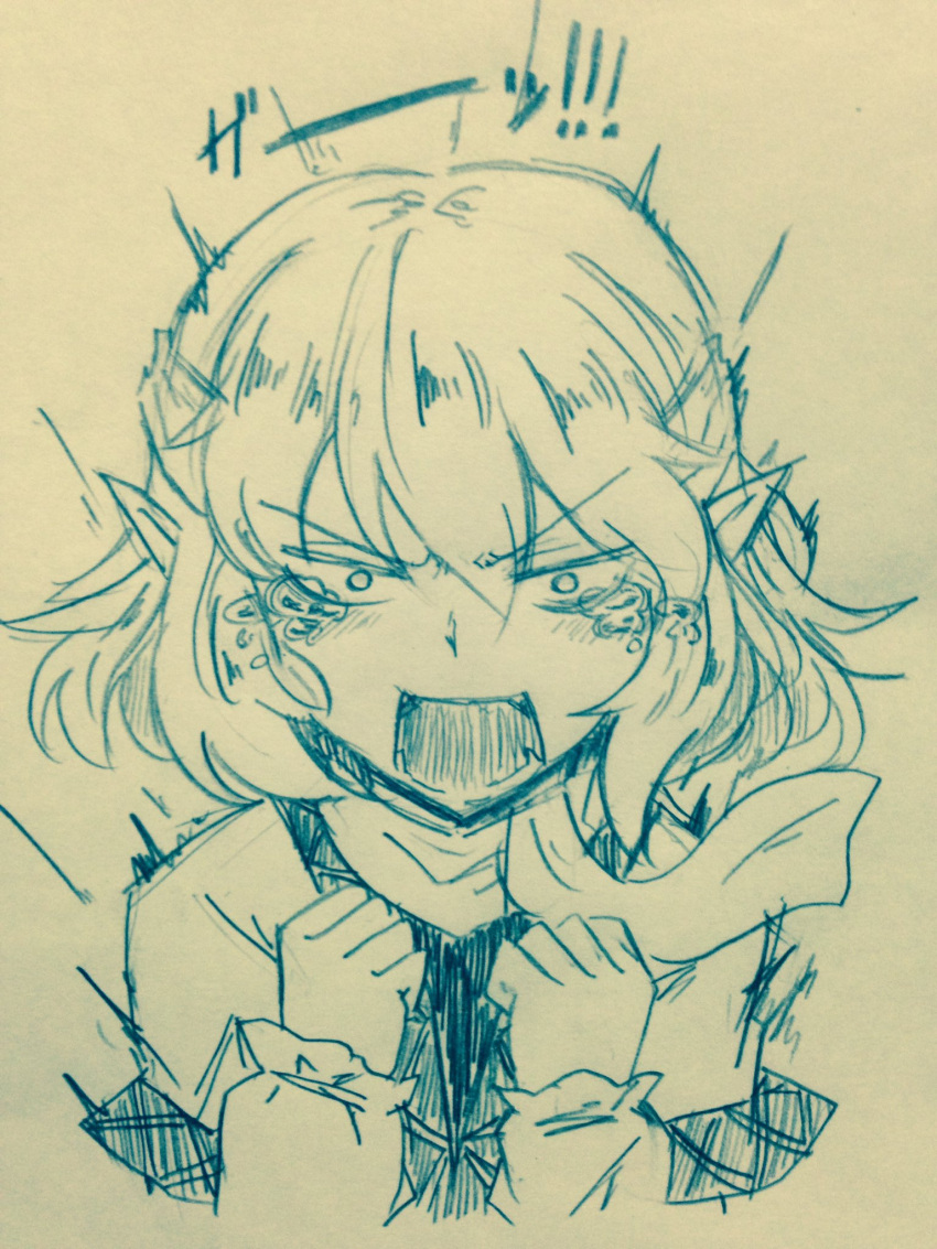 &gt;:o 1girl :o bangs blush breasts clenched_hands commentary_request efukei eyebrows_visible_through_hair face hair_between_eyes highres long_sleeves looking_at_viewer mizuhashi_parsee monochrome open_mouth pointy_ears short_hair solo tears touhou traditional_media upper_body