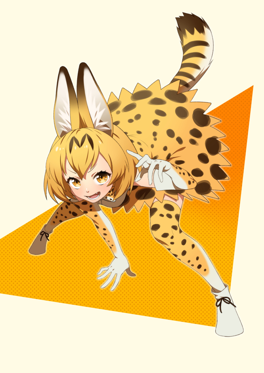 1girl :d animal_ears animal_print ankle_boots bangs bare_shoulders blonde_hair boots bow bowtie breasts brown_dress brown_gloves cat_ears cat_tail dress elbow_gloves fangs full_body gloves hand_up high-waist_skirt highres kemono_friends legs_apart looking_at_viewer medium_breasts open_mouth serval_(kemono_friends) serval_ears serval_print serval_tail shirt short_dress short_hair skirt sleeveless sleeveless_shirt smile solo squatting sumino_akasuke tail teeth thigh-highs white_boots white_gloves white_shirt yellow_eyes