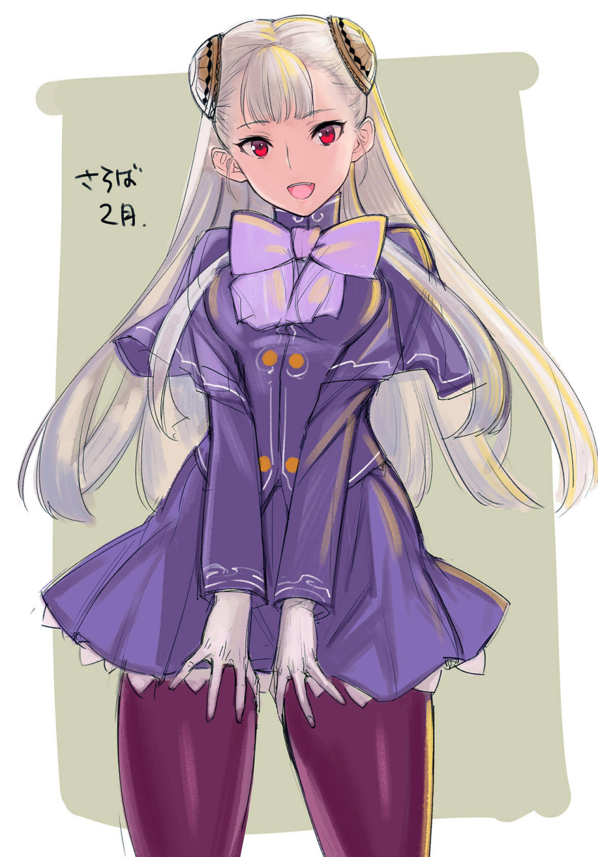 1girl bangs bow breast_squeeze breasts capcom_fighting_jam capelet gloves hairpods highres ingrid long_hair medium_breasts open_mouth pantyhose purple_bow purple_legwear red_eyes silver_hair skirt skirt_set smile solo tetsu_(kimuchi) v_arms white_gloves