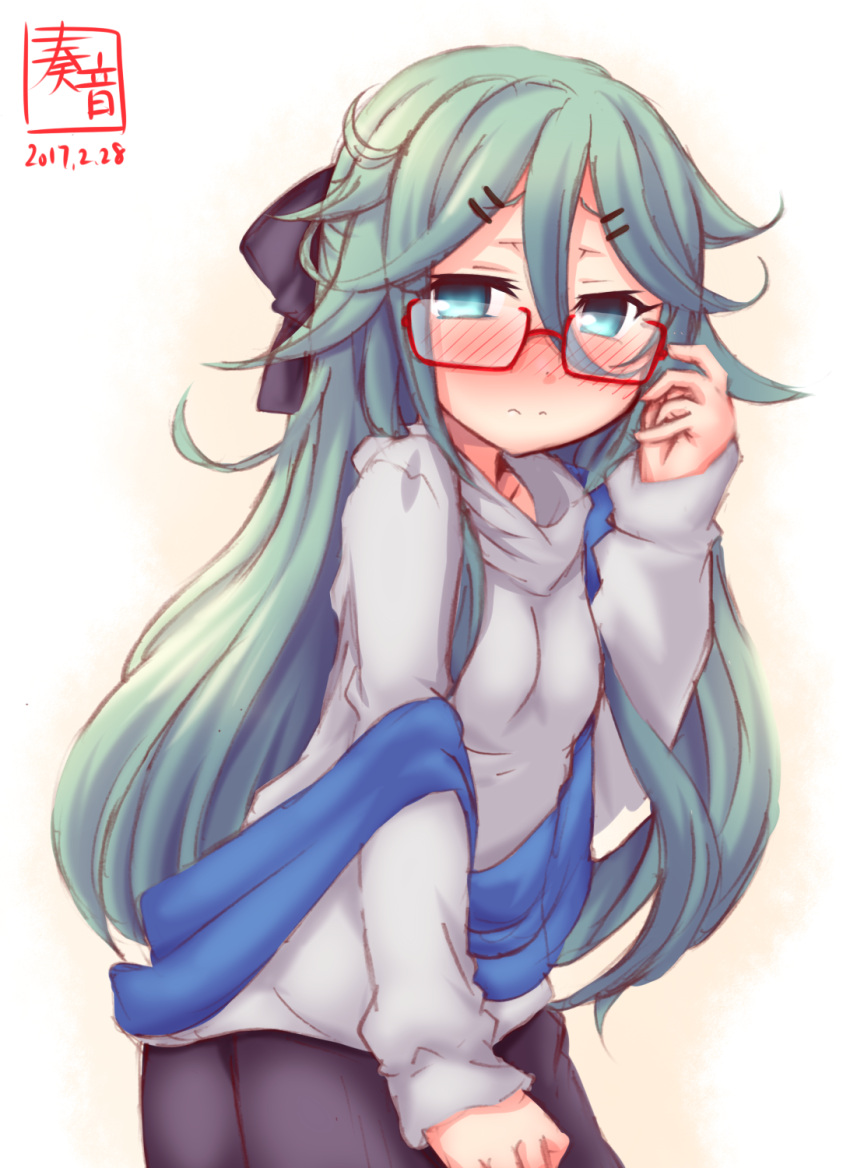 1girl adjusting_glasses alternate_costume bespectacled blue_eyes blush bow casual glasses green_hair hair_bow hair_ornament hair_ribbon hairclip highres kanon_(kurogane_knights) kantai_collection long_hair looking_at_viewer ribbon simple_background sketch solo white_background yamakaze_(kantai_collection)