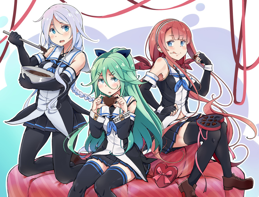 3girls :q black_gloves blue_eyes braid chocolate chocolate_heart commentary_request cushion detached_sleeves elbow_gloves food food_on_face gloves green_hair hair_ornament hair_ribbon hairband hairclip heart holding kantai_collection kawakaze_(kantai_collection) kneeling liking long_hair looking_at_viewer low_twintails mole mole_under_eye multiple_girls pantyhose pleated_skirt redhead ribbon school_uniform serafuku silver_hair single_braid siting skirt smile thigh-highs tongue tongue_out twintails umikaze_(kantai_collection) valentine yamakaze_(kantai_collection) zettai_ryouiki