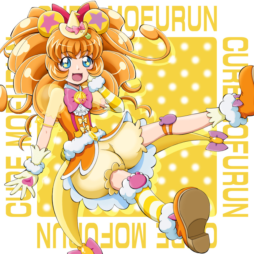 1girl animal_ears bear_ears bloomers blue_eyes boo_(takagi) bow brown_hair character_name cure_mofurun gloves hair_bow hand_on_own_cheek hat hat_bow highres kneehighs long_hair looking_at_viewer magical_girl mahou_girls_precure! mini_hat mini_witch_hat mofurun_(mahou_girls_precure!) multicolored multicolored_eyes orange_shirt orange_shoes personification pink_bow precure puffy_sleeves red_bow see-through shirt shoes single_kneehigh sleeveless sleeveless_shirt smile solo striped striped_legwear underwear witch_hat yellow yellow_background yellow_bow yellow_eyes yellow_gloves yellow_hat