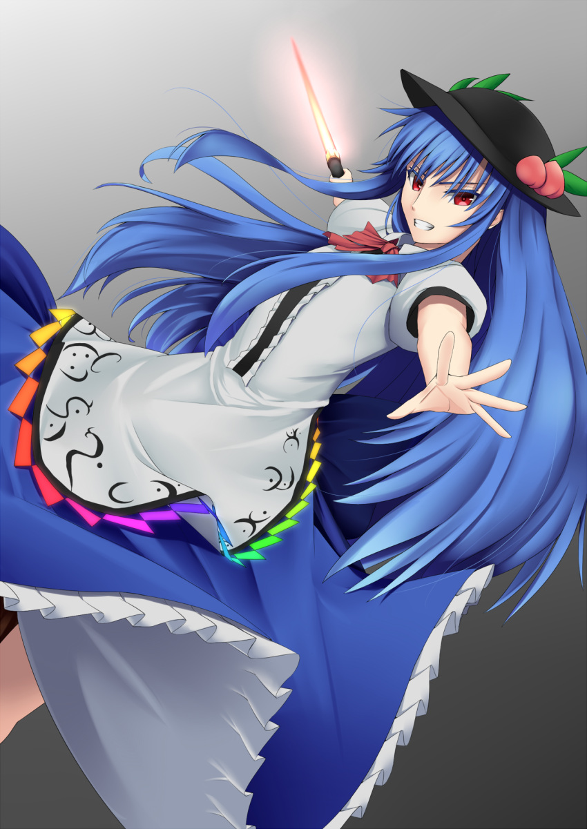 &gt;:) 1girl bangs black_hat blue_hair bow bowtie dutch_angle food foreshortening frilled_skirt frills fruit gnlo grin hat highres hinanawi_tenshi holding holding_sword holding_weapon leaf long_hair long_skirt looking_at_viewer peach puffy_short_sleeves puffy_sleeves rainbow_order red_bow red_bowtie red_eyes shirt short_sleeves sidelocks skirt smile solo sword sword_of_hisou touhou very_long_hair weapon white_shirt