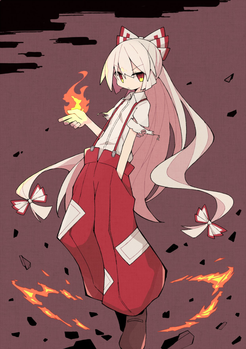 1girl asameshi baggy_pants bow brown_background brown_footwear commentary fire fujiwara_no_mokou full_body hair_bow hand_in_pocket hand_up highres long_hair looking_at_viewer ofuda_on_clothes orange_eyes pants red_bow red_pants shirt solo suspenders torn_clothes torn_sleeves touhou white_hair white_shirt