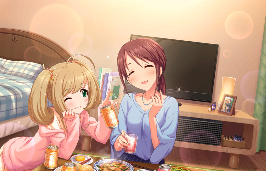 2girls ahoge alcohol artist_request bangs bed beer beer_can blonde_hair blush book brown_hair can dog drink fingernails food golden_retriever green_eyes grin idolmaster idolmaster_cinderella_girls idolmaster_cinderella_girls_starlight_stage jewelry long_fingernails long_hair mifune_miyu multiple_girls necklace official_art one_eye_closed open_mouth parted_bangs photo_(object) ponytail satou_shin sitting smile table television twintails