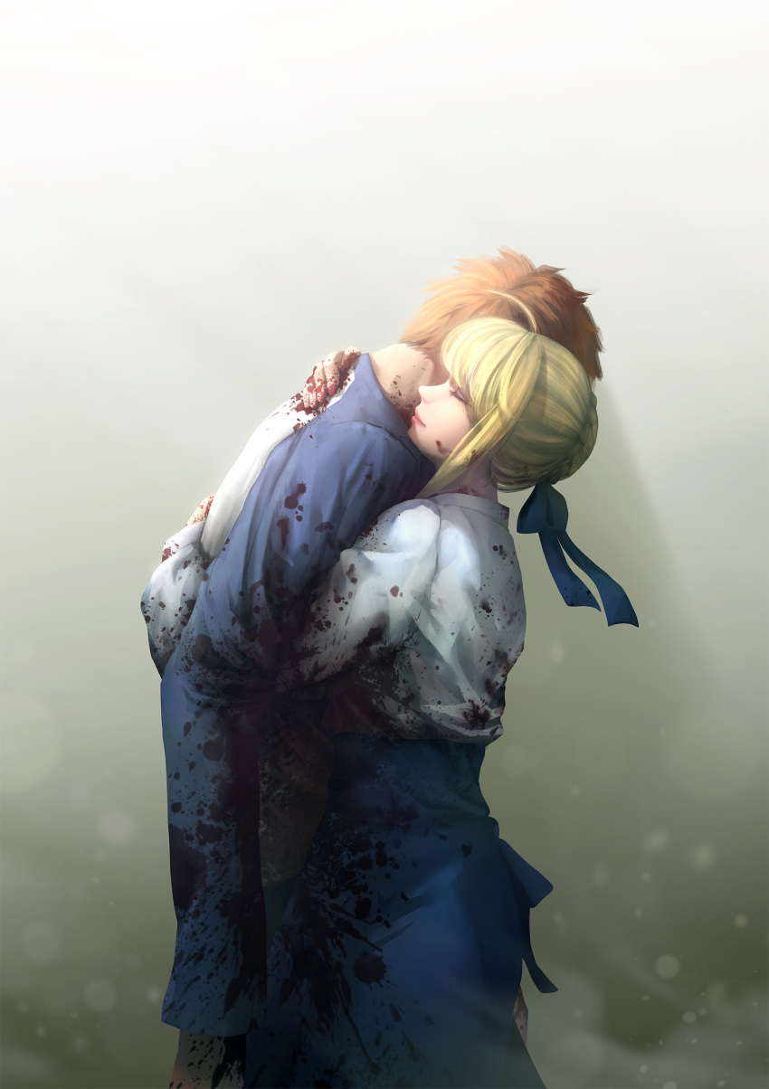 1boy 1girl ahoge blonde_hair blood blood_on_face bloody_clothes bloody_hair bloody_hands blue_ribbon blue_skirt braid casual closed_eyes closed_mouth commentary emiya_shirou fate/stay_night fate_(series) from_side hair_ribbon hands_on_another's_back high-waist_skirt highres hug long_sleeves orange_hair peachpa profile raglan_sleeves realistic ribbon saber shirt short_hair skirt white_shirt