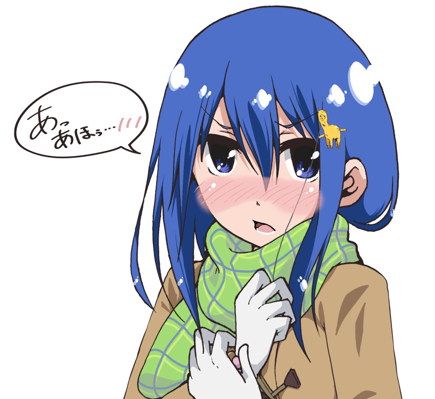 1girl absurdres alpaca_hair_ornament bandou_marimo blue_eyes blue_hair blush commentary commentary_request gloves green_scarf highres jacket long_hair looking_at_viewer piyo_(p_i_y_o) plaid plaid_scarf scarf speech_bubble spoken_blush teekyuu translated upper_body white_gloves