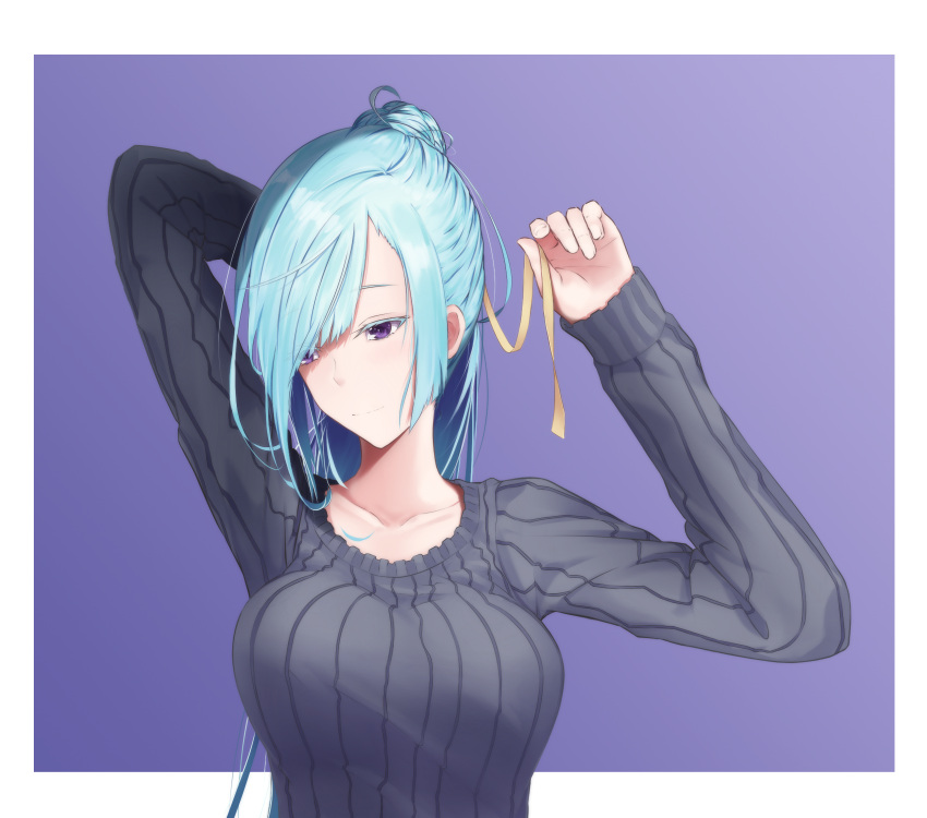 1girl blush breasts fate/grand_order fate/prototype fate/prototype:_fragments_of_blue_and_silver fate_(series) highres lancer_(fate/prototype_fragments) long_hair looking_at_viewer ponytail silver_hair simple_background smile suguru_(a129214673) sweater