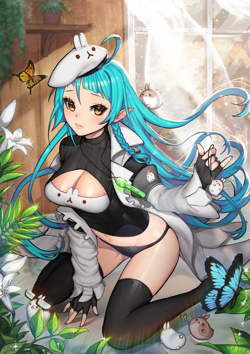 1girl animal_hat black_gloves black_legwear black_panties blue_hair breasts bunny_hat butterfly cleavage cleavage_cutout coat fingerless_gloves flower garugaru glasses gloves hat highres jewelry kneeling lips long_hair looking_at_viewer medium_breasts meme_attire navel necklace open-chest_sweater panties parted_lips pointy_ears qurare_magic_library rabbit ribbed_sweater semi-rimless_glasses solo sweater thigh-highs under-rim_glasses underwear very_long_hair yellow_eyes