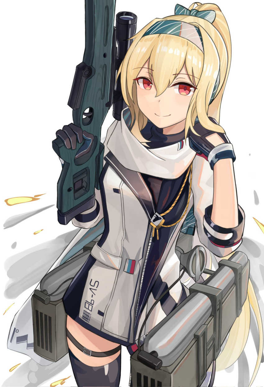 1girl bangs black_gloves black_thighhighs blonde_hair closed_mouth commentary english_commentary gamryous girls_frontline gloves gun hair_between_eyes hands_up highres holding holding_gun holding_weapon jacket long_hair long_sleeves looking_at_viewer mod3_(girls'_frontline) name_connection object_namesake red_eyes simple_background smile smoke solo standing sv-98 sv-98_(girls'_frontline) thigh-highs very_long_hair weapon white_background white_jacket