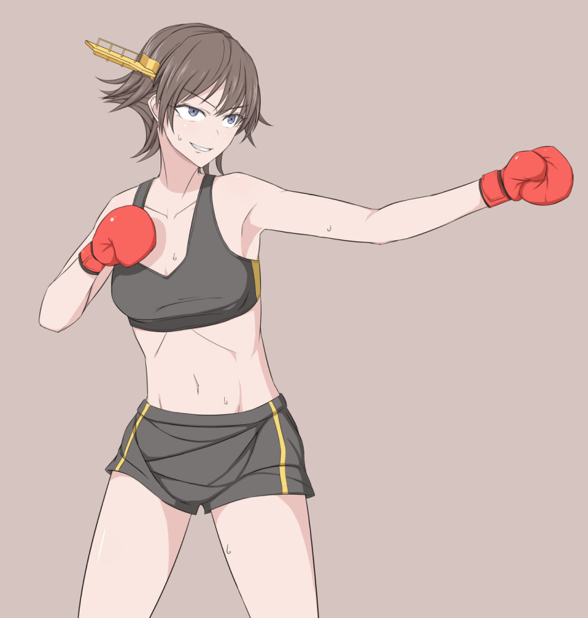 black_eyes boxing_gloves boxing_shorts brown_background brown_hair grin groin hiei_(kantai_collection) highres intirami kantai_collection legs navel outstretched_arm short_hair shorts smile sports_bra sweat