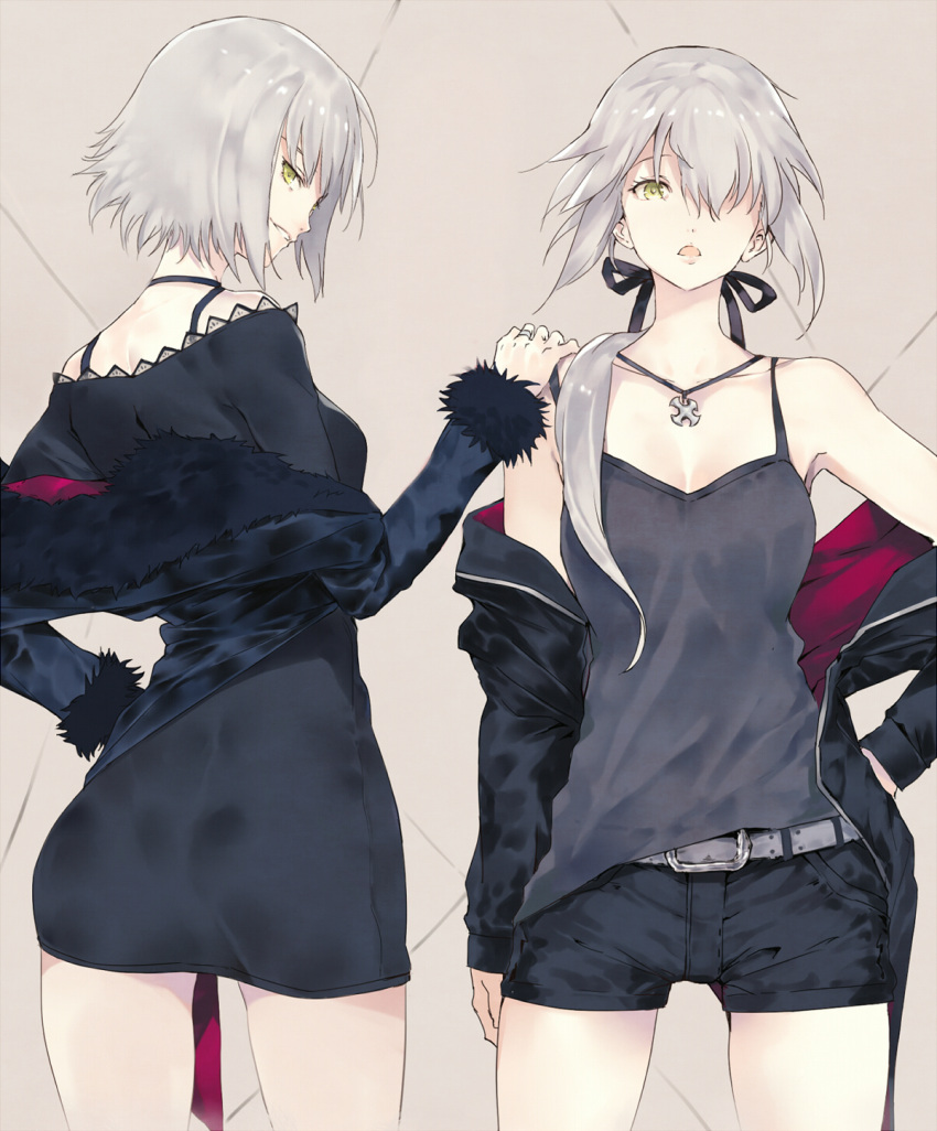 2girls adapted_costume arm_at_side back bare_shoulders belt black_dress black_jacket black_ribbon black_shorts breasts camisole casual choker collarbone cowboy_shot d: dress eyelashes fate/grand_order fate_(series) fur-trimmed_jacket fur_trim grey_hair grin hair_over_one_eye hair_over_shoulder hair_ribbon hand_on_another's_shoulder hand_on_hip hand_on_shoulder highres jacket jeanne_alter jewelry legs_apart long_sleeves looking_at_viewer looking_back low_ponytail medium_breasts microdress multiple_girls necklace one_eye_covered open_clothes open_jacket open_mouth pendant ponytail ribbon ring ruler_(fate/apocrypha) saber saber_alter see-through short_shorts shorts side_glance silver_hair skin_tight skirt smile strapless strapless_dress tokopi tube_dress yellow_eyes