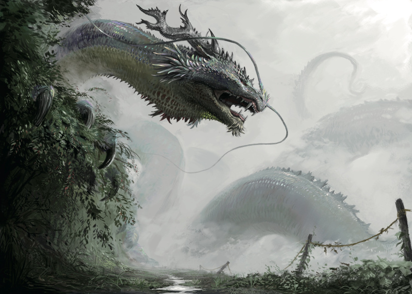 claws dragon eastern_dragon fog giant highres horns nature no_humans open_mouth original outdoors overgrown plant red_eyes scales snout solo spikes tail teru_sakura