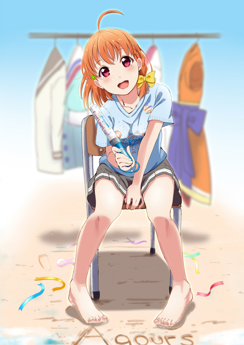 1girl :d absurdres ahoge bangs barefoot between_legs bow braid chair clothes clothes_rack clothes_writing clover_hair_ornament costume feet glowstick hair_bow hair_ornament hand_between_legs highres holding looking_at_viewer love_live! love_live!_sunshine!! open_mouth orange_hair pigeon-toed red_eyes ribbon sand sand_writing shiokazunoko shirt side_braid sitting skirt smile solo t-shirt takami_chika toes yellow_bow