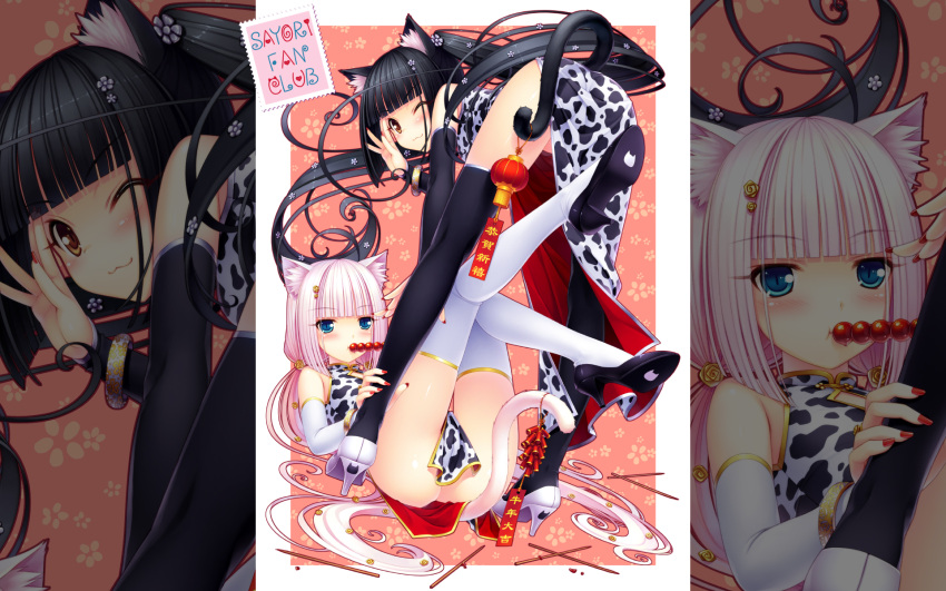 2girls :t ;3 animal_ears animal_print artist_name ass bangs bent_over black_hair black_legwear blue_eyes blunt_bangs blush brown_eyes cat_ears cat_tail china_dress chinese_clothes chocola_(sayori) convenient_censoring cow_print detached_sleeves dress eating elbow_gloves floral_background food gloves hair_ornament hairclip hand_on_another's_leg high_heels highres legs legs_up long_hair looking_at_viewer low_twintails multiple_girls nail_polish no_panties official_art one_eye_closed original red_nails sayori shoes side_slit slit_pupils tail tail_ornament tanghulu thigh-highs twintails vanilla_(sayori) very_long_hair wagashi wallpaper white_hair white_legwear zoom_layer