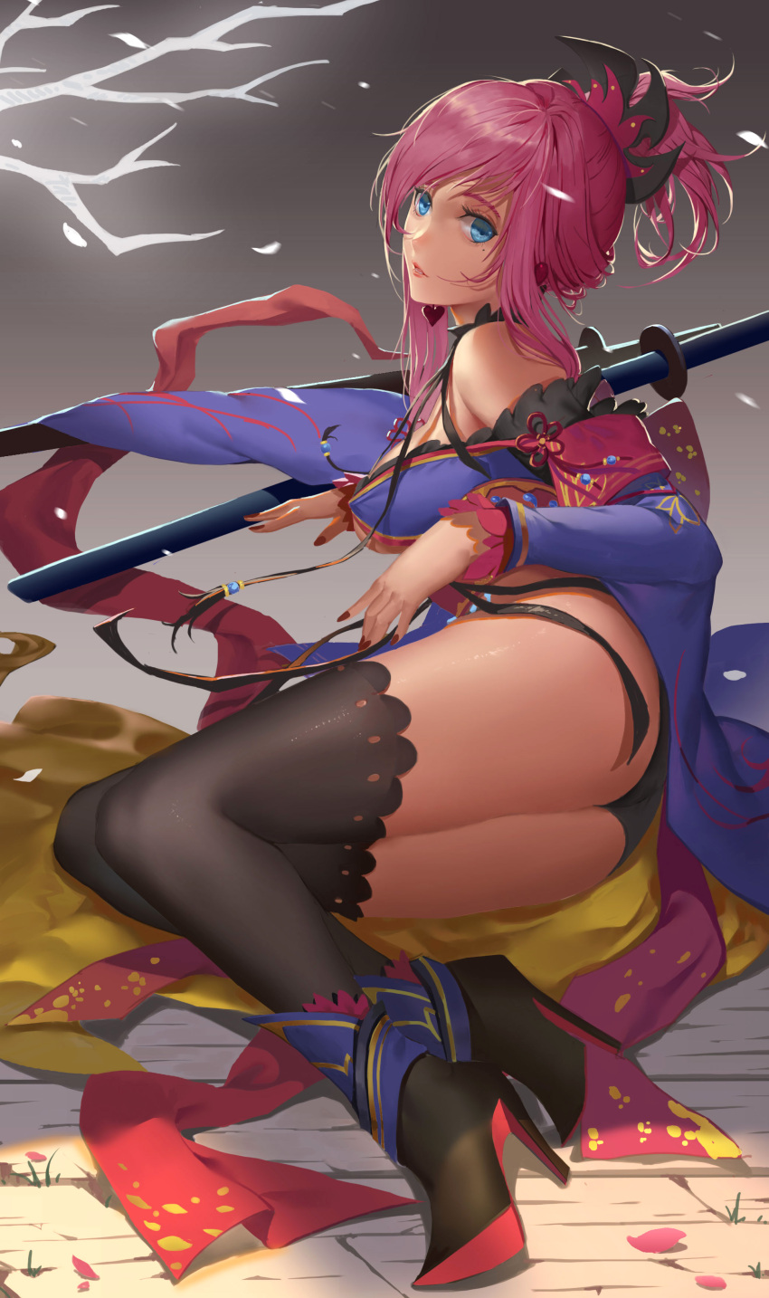 1girl absurdres ass asymmetrical_hair bangs black_legwear black_panties black_shoes blue_eyes breasts detached_sleeves earrings fate/grand_order fate_(series) floral_print gradient gradient_background hair_ornament high_heels highres itoucon japanese_clothes jewelry kimono large_breasts lips long_hair long_sleeves lying miyamoto_musashi_(fate/grand_order) mole mole_under_eye nail_polish on_side panties petals pink_hair ponytail sash sheath sheathed shoes solo sword thigh-highs tree underwear weapon wooden_floor
