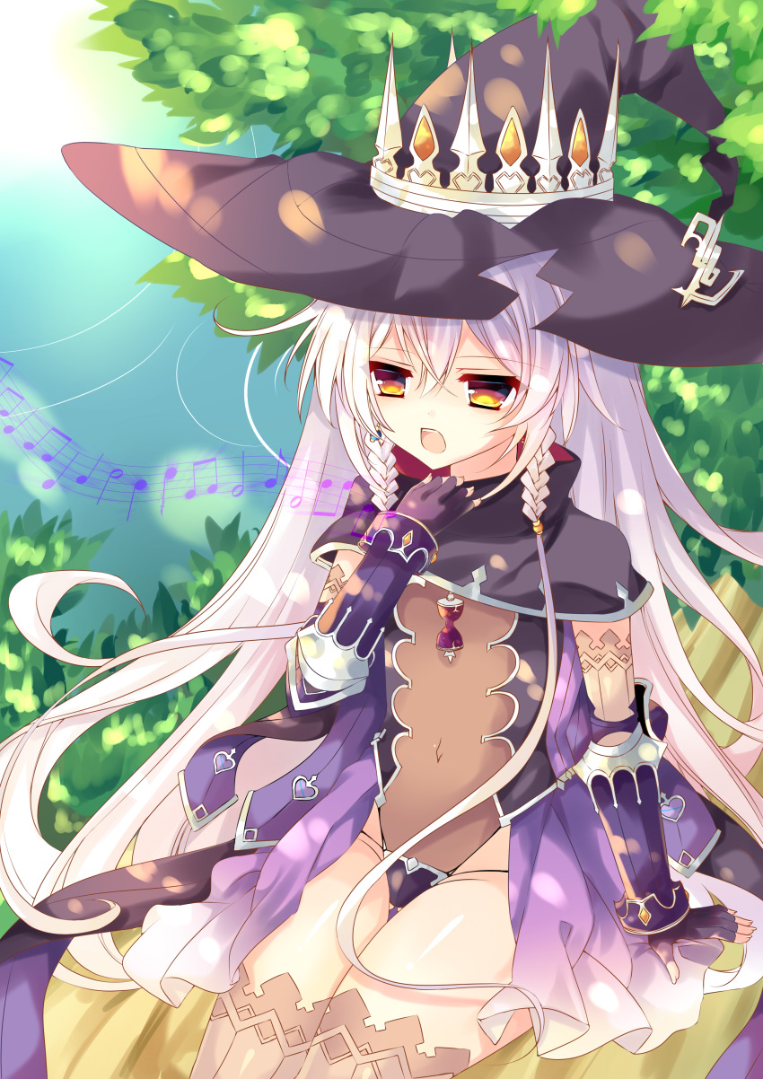 absurdres beamed_quavers black_gloves black_hat braid brown_eyes crown day fingerless_gloves gloves hand_up hat highres hilda_(stella_glow) long_hair music musical_note open_mouth outdoors quaver singing stella_glow thebluesky thigh-highs tree very_long_hair white_hair witch_hat