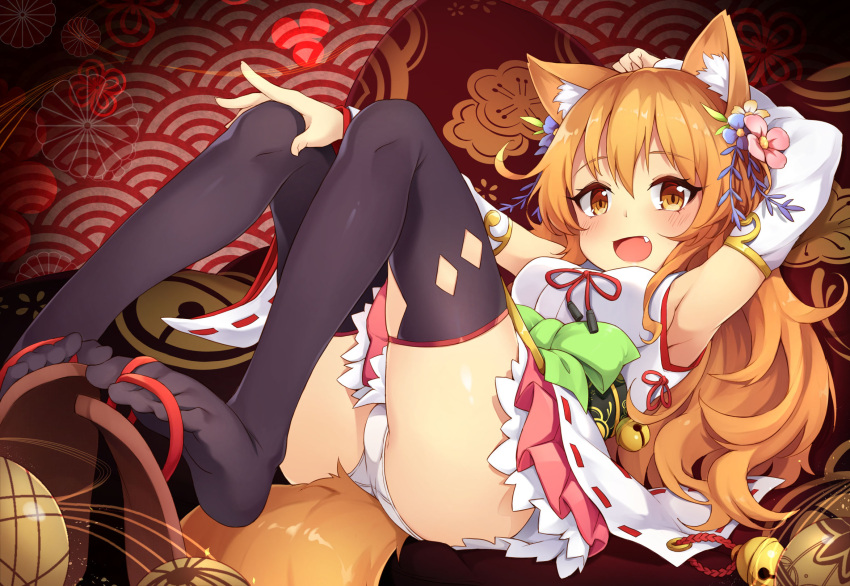 1girl 3.14 animal_ears arm_behind_head arm_up armpits ass bell black_legwear brown_eyes brown_hair character_request detached_sleeves dog_ears dog_tail fang feet flower hair_flower hair_ornament highres japanese_clothes jingle_bell kimono leg_lift long_hair lying miko obi on_back open_mouth panties sandals sash skirt smile solo tail thigh-highs underwear white_panties yukata