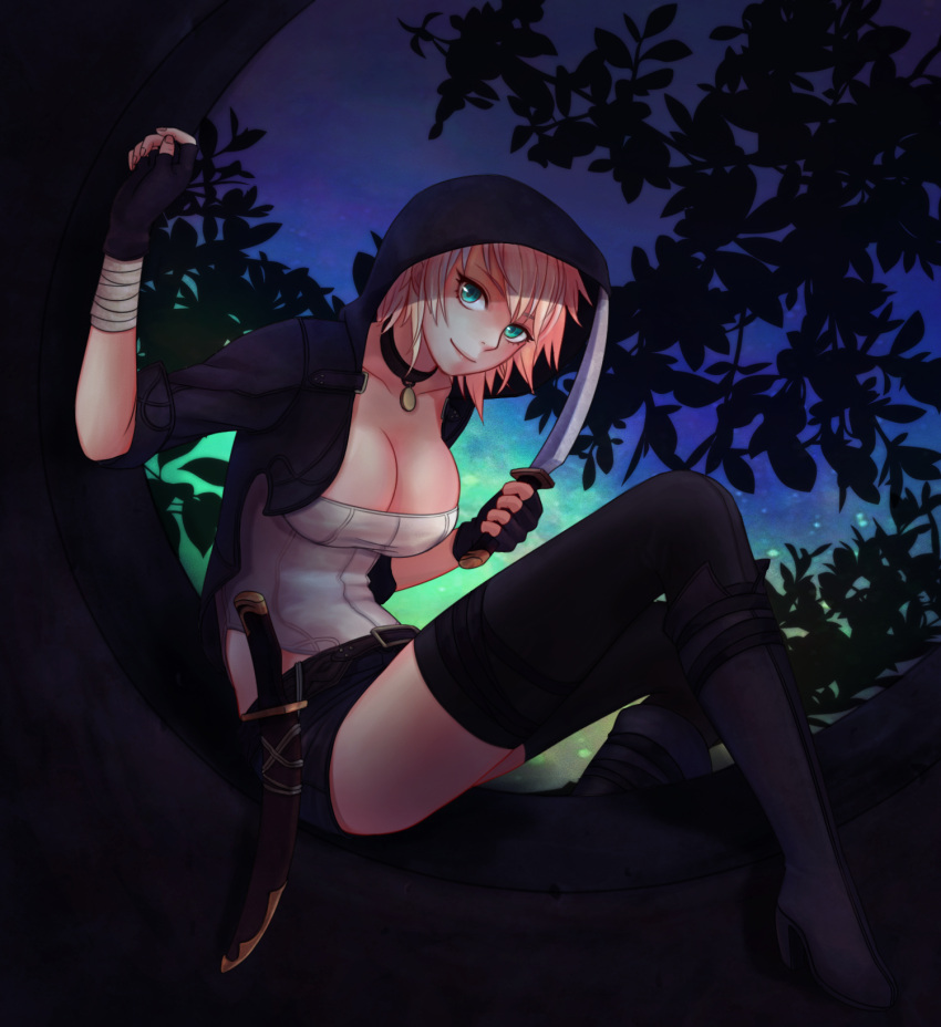 1girl bangs belt black_gloves black_legwear blonde_hair breasts choker cleavage closed_mouth collarbone dagger fingerless_gloves from_side gloves green_eyes highres holding holding_weapon hood hooded_jacket in_tree jacket large_breasts looking_at_viewer looking_to_the_side night original scabbard sheath short_hair short_shorts shorts sitting sitting_in_tree sleeves_rolled_up smile solo tasselcat thigh-highs tree weapon
