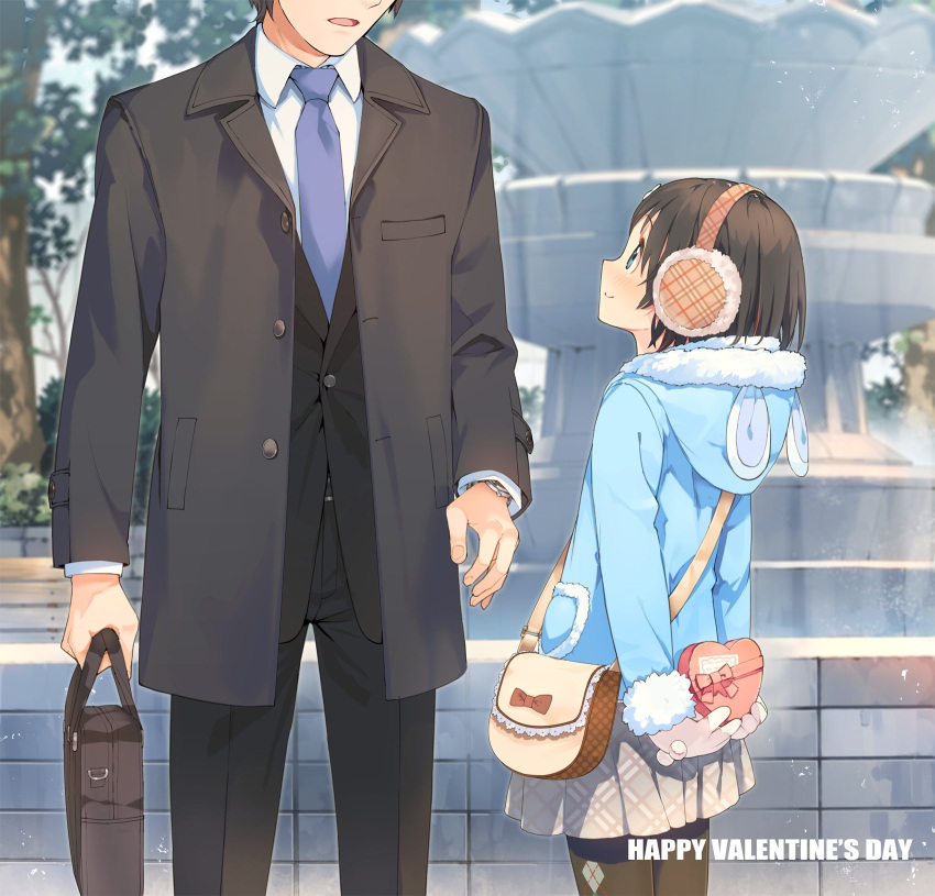 1boy 1girl age_difference arms_behind_back bag black_legwear blue_eyes brown_hair chocolate coat earmuffs faceless faceless_male formal fountain gloves head_out_of_frame highres hood jacket looking_up necktie open_mouth original outdoors pantyhose short_hair skirt smile suit teiryoku_lolita valentine