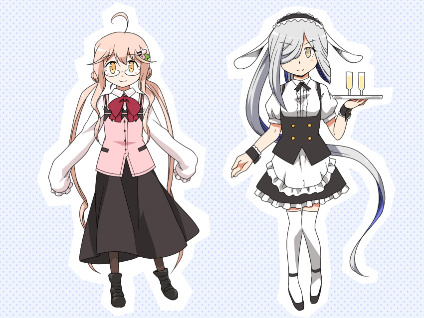 2girls ahoge alternate_costume asashimo_(kantai_collection) brown_eyes commentary_request cosplay enmaided futatsuki_hisame glasses gochuumon_wa_usagi_desu_ka? hair_ornament hair_over_one_eye hairclip hoto_cocoa hoto_cocoa_(cosplay) kantai_collection kirima_sharo kirima_sharo_(cosplay) long_hair looking_at_viewer low_twintails maid maid_headdress makigumo_(kantai_collection) mary_janes multiple_girls pink_hair polka_dot polka_dot_background ponytail shoes silver_hair sleeves_past_wrists smile thigh-highs twintails white_legwear yellow_eyes zettai_ryouiki
