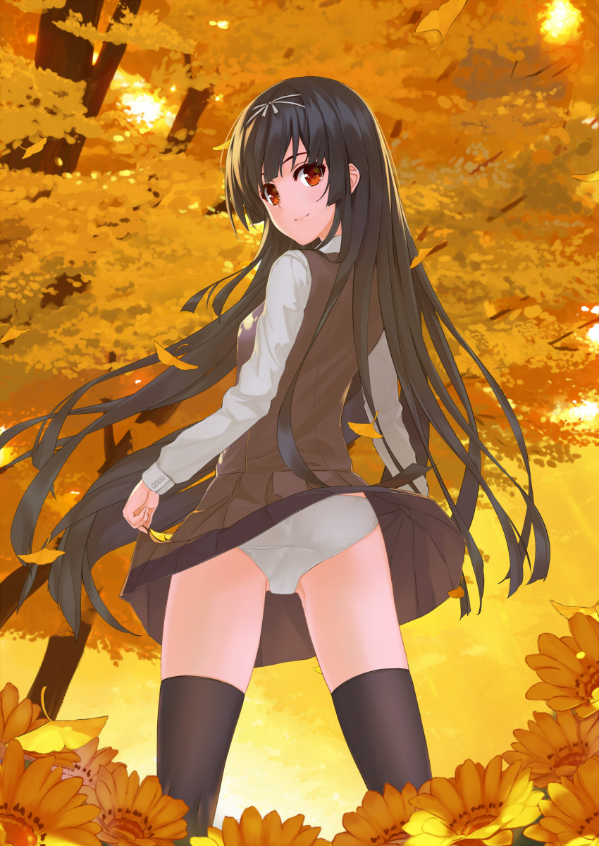 1girl 54cr ass autumn_leaves bangs black_hair black_legwear blunt_bangs brown_skirt closed_mouth day field flower flower_field from_behind hair_ribbon highres holding_skirt kneepits long_hair long_sleeves looking_at_viewer looking_back original outdoors red_eyes ribbon school_uniform shirt skirt skirt_lift smile solo standing sunlight sweater_vest thigh-highs thighs tree upskirt very_long_hair white_ribbon white_shirt wind wind_lift yellow_flower