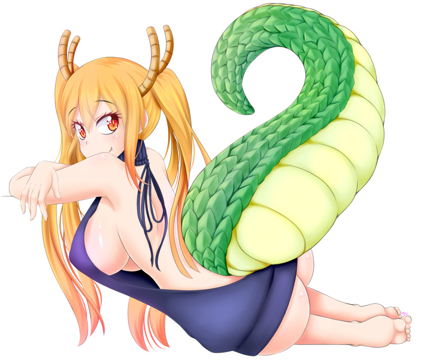 1girl absurdres armpits ass backless_outfit bangs bare_back bare_shoulders blonde_hair blue_dress blue_sweater blush breasts closed_mouth dragon_girl dragon_horns dragon_tail drawstring dress eyebrows_visible_through_hair fangs female from_behind full_body highres horns kobayashi-san_chi_no_maidragon large_breasts legs_together long_hair looking_at_viewer looking_back meme_attire monster_girl naked_sweater no_bra no_panties open-back_dress orange_eyes orange_hair outstretched_arms posterior_cleavage ribbed_sweater sideboob simple_background sleeveless sleeveless_turtleneck sliding_doors slit_pupils smile solo sweater sweater_dress tail teeth tied_hair tooru_(maidragon) turtleneck turtleneck_sweater twintails under_boob virgin_killer_sweater white_background