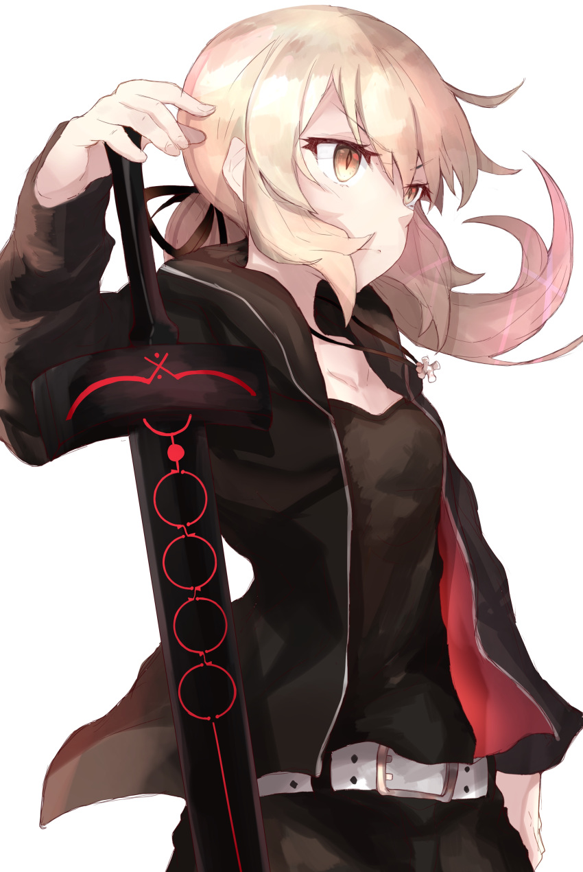 1girl absurdres bangs belt black_ribbon black_shirt closed_mouth commentary_request cross cross_necklace dark_excalibur eyebrows_visible_through_hair fate/grand_order fate_(series) floating_hair hair_ribbon highres hood hoodie jewelry long_hair necklace open_clothes open_hoodie ponytail ranf revision ribbon saber saber_alter shirt sidelocks simple_background solo upper_body white_background