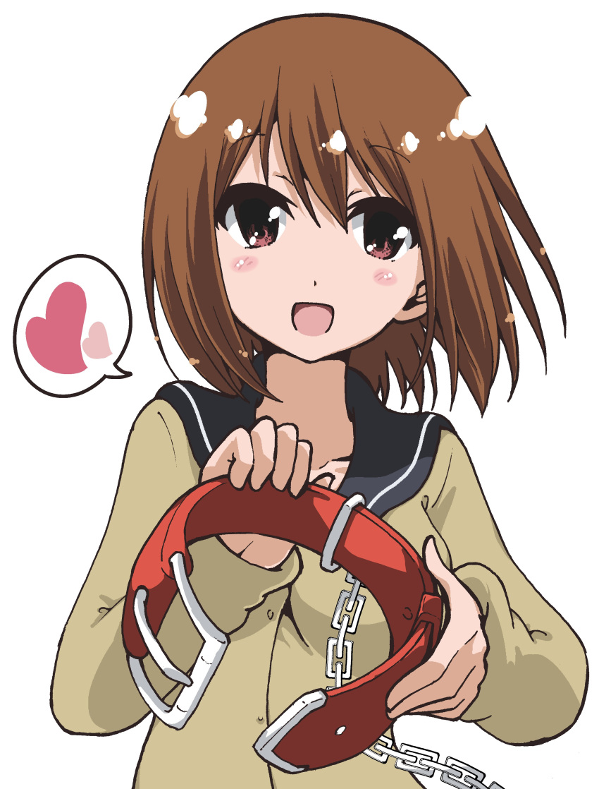 1girl absurdres brown_eyes brown_hair chains collar commentary dog_collar heart highres looking_at_viewer piyo_(p_i_y_o) school_uniform spoken_heart sweater takamiya_nasuno teekyuu