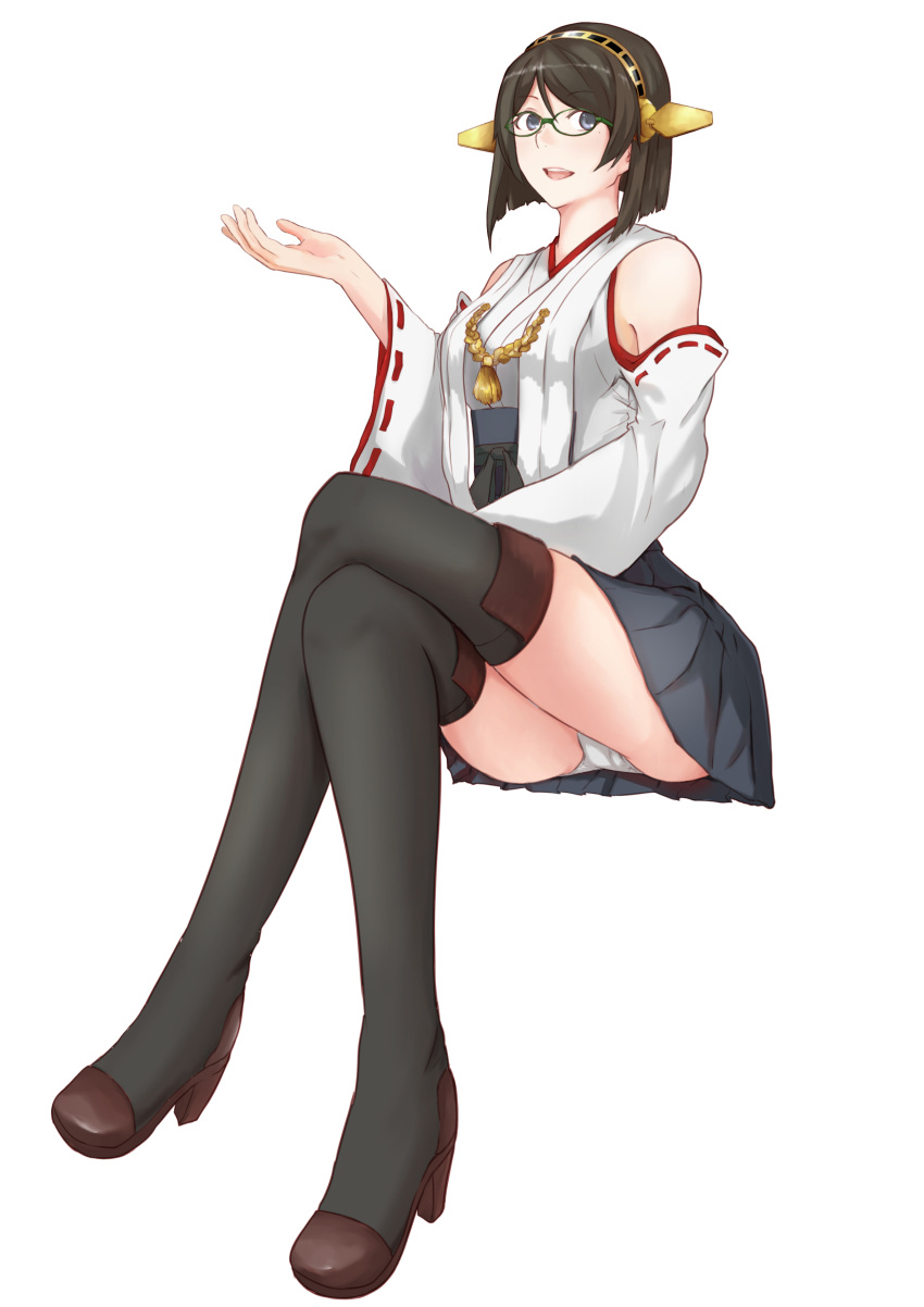 absurdres blue_eyes boots brown_hair glasses headgear high_heel_boots high_heels highres kirishima_(kantai_collection) legs_crossed looking_at_viewer mizugane_dd open_mouth panties pantyshot pantyshot_(sitting) short_hair sitting thigh-highs thigh_boots thighs underwear white_background white_panties