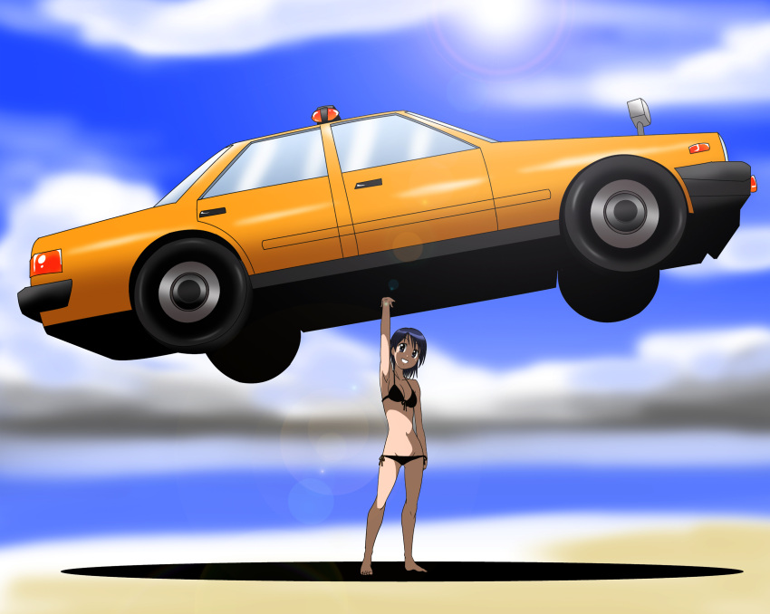 1girl beach car full_body ground_vehicle highres kakkii lifting motor_vehicle short_hair solo strong swimsuit