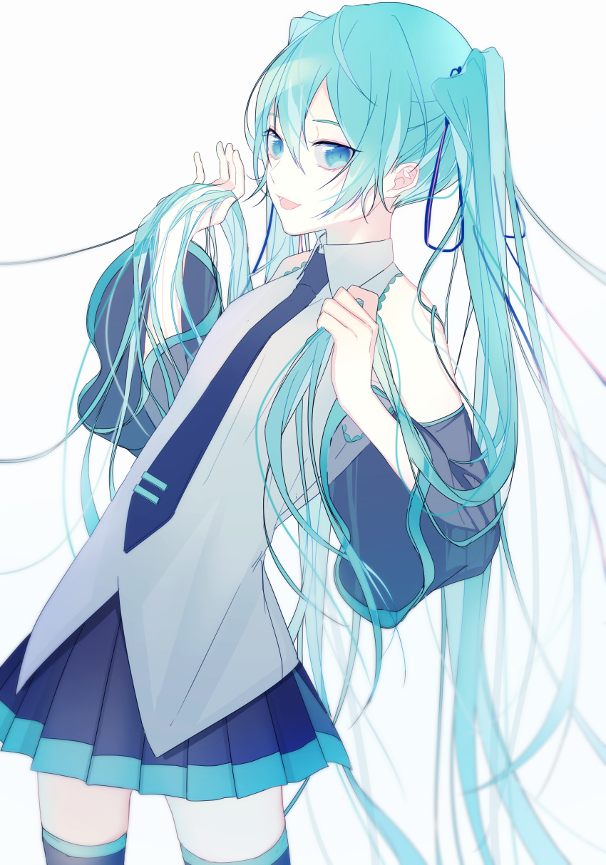 1girl absurdres aqua_eyes aqua_hair blush breasts detached_sleeves hatsune_miku highres long_hair looking_at_viewer nakko_(7nt5ta) necktie skirt smile solo twintails very_long_hair vocaloid white_background