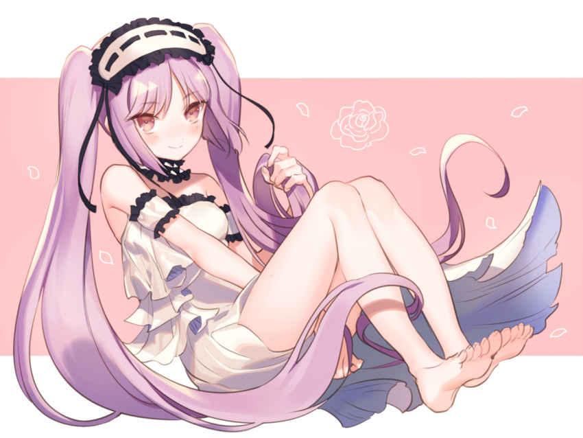 1girl bare_legs bare_shoulders barefoot blush closed_mouth dress euryale fate/hollow_ataraxia fate_(series) full_body hairband kikugetsu lolita_hairband long_hair looking_at_viewer purple_hair sitting smile solo twintails very_long_hair violet_eyes white_dress