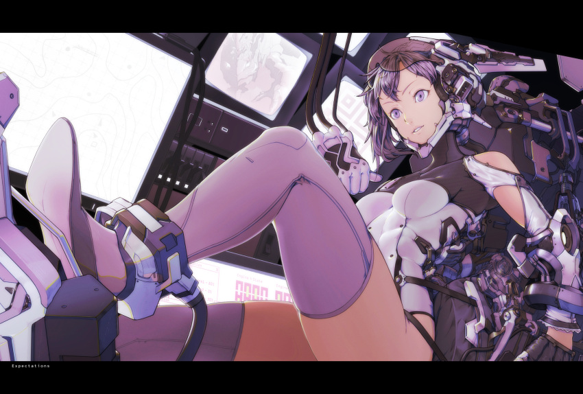 1girl bangs bare_shoulders bodysuit boots breasts breasts_apart brown_gloves cable chair cockpit collarbone gloves groin highres jian_jiao_doufu_rou_mantou leg_up letterboxed long_sleeves medium_breasts monitor nose original parted_lips purple_boots purple_hair purple_legwear shoulder_cutout sitting skin_tight skindentation solo strap teeth thigh-highs thigh_boots violet_eyes visor