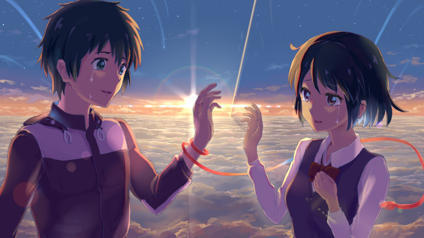 1boy 1girl arms_at_sides bangs black_hair bow brown_eyes collared_shirt crying crying_with_eyes_open eye_contact green_eyes hand_on_own_chest hand_up happy_tears highres horizon jacket kimi_no_na_wa lens_flare light_rays long_sleeves looking_at_another maeshimashi miyamizu_mitsuha outstretched_hand parted_lips red_bow red_string school_uniform shirt short_hair sidelocks smile string sunbeam sunlight sunset sweater_vest tachibana_taki tears white_shirt