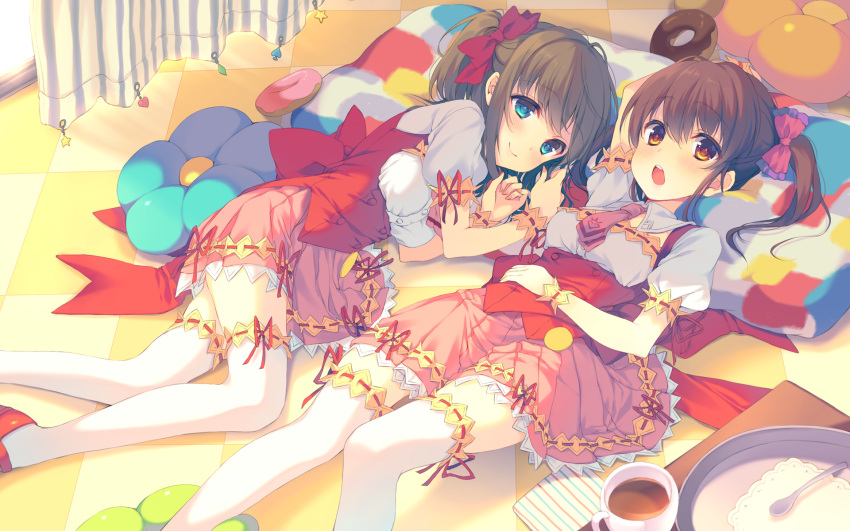 2girls arm_up berry's blue_eyes bow brown_eyes brown_hair checkered checkered_floor hair_bow highres houkou_yuuka indoors lace lace-trimmed_skirt lace-trimmed_thighhighs long_hair looking_at_viewer lying multiple_girls on_back on_side open_mouth pink_skirt pleated_skirt red_bow rei_(rei's_room) short_hair short_sleeves skirt smile tatsumi_wakaba thigh-highs twintails white_legwear wrist_cuffs