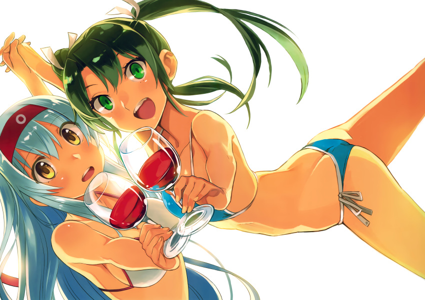2girls :d absurdres arm_up ass bikini blue_bikini blue_hair breasts butt_crack cleavage collarbone cup detexted drinking_glass eyes_visible_through_hair green_eyes green_hair hair_between_eyes hair_ribbon hairband hand_holding highres interlocked_fingers kantai_collection large_breasts leg_up long_hair multiple_girls nonco open_mouth ribbon scan shoukaku_(kantai_collection) side-tie_bikini simple_background small_breasts smile stitched swimsuit twintails white_background white_bikini wine_glass yellow_eyes zuikaku_(kantai_collection)