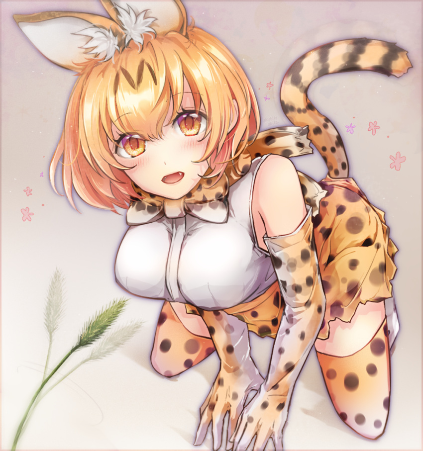 1girl :d akira_(aky-la) animal_ears blonde_hair cat_ears cat_tail cat_teaser fangs from_above highres kemono_friends kneeling looking_at_viewer looking_up open_mouth polka_dot serval_(kemono_friends) serval_ears serval_print serval_tail short_hair smile solo tail thigh-highs yellow_eyes zettai_ryouiki