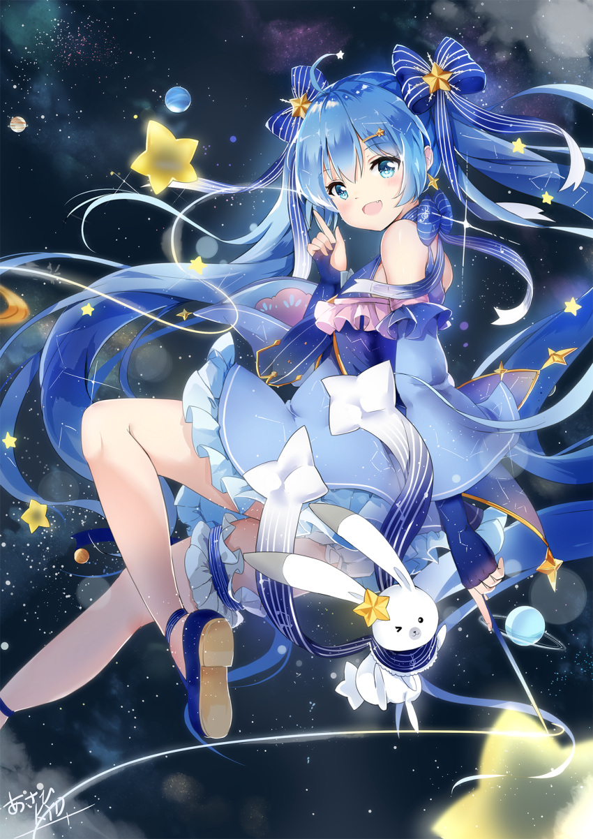 1girl ahoge artist_name blue_eyes blue_hair earrings fang fingerless_gloves gloves hair_ornament hairclip hatsune_miku highres jewelry k.syo.e+ long_hair looking_at_viewer one_eye_closed open_mouth rabbit star twintails very_long_hair vocaloid yuki_miku yukine_(vocaloid)