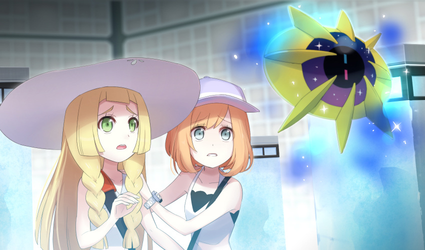 2girls alternate_costume alternate_hair_color aqua_eyes bare_shoulders baseball_cap blonde_hair braid cosmoem dress female_protagonist_(pokemon_sm) green_eyes hand_on_another's_shoulder hat highres lillie_(pokemon) long_hair multiple_girls open_mouth orange_hair pokemon pokemon_(game) pokemon_sm rupinesu shirt short_hair sleeveless sleeveless_dress sleeveless_shirt twin_braids upper_body z-ring