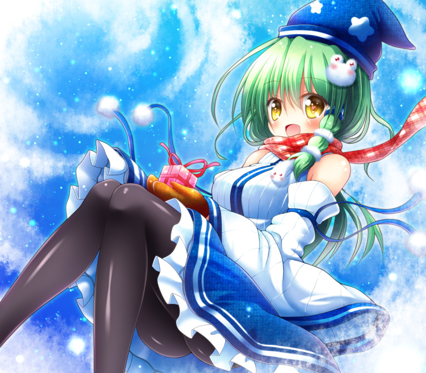 1girl bare_shoulders blush detached_sleeves frog_hair_ornament gift green_hair hair_ornament hair_tubes hat heart heart-shaped_pupils kochiya_sanae long_hair looking_at_viewer mittens open_mouth osashin_(osada) pantyhose plaid plaid_scarf scared scarf skirt smile snake_hair_ornament solo star symbol-shaped_pupils touhou wide_sleeves yellow_eyes