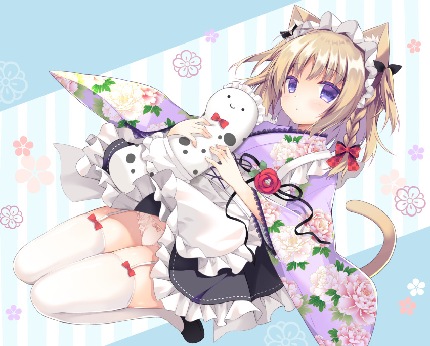 1girl animal_ear_fluff animal_ears apron black_footwear black_skirt bow bow_panties braid brown_hair cat_ears cat_girl cat_tail checkered commentary_request floral_print flower frilled_apron frilled_skirt frills full_body garter_straps hair_bow highres holding japanese_clothes kimono long_hair long_sleeves looking_at_viewer original panties pleated_skirt print_kimono purinko purple_kimono red_bow red_flower red_rose rose shoes side_braid skirt solo striped striped_background stuffed_toy tail tail_raised thigh-highs underwear unmoving_pattern vertical_stripes wa_maid waist_apron white_apron white_legwear white_panties wide_sleeves