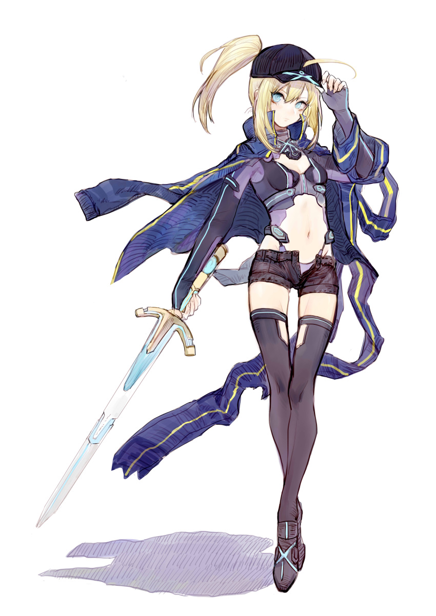 1girl absurdres ahoge arm_up bangs baseball_cap black_legwear blonde_hair blue_eyes breasts closed_mouth excalibur fate/grand_order fate_(series) fingerless_gloves full_body gloves hair_between_eyes hat heroine_x highres holding holding_sword holding_weapon jacket jacket_on_shoulders long_hair looking_at_viewer midriff navel ponytail purple_gloves rojiura_satsuki_:_chapter_heroine_sanctuary rosette_(yankaixuan) saber shadow short_shorts shorts sidelocks simple_background small_breasts solo standing sword thigh-highs thigh_gap track_jacket weapon white_background